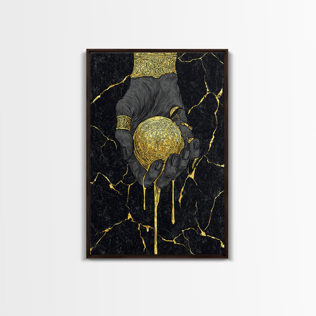 Runic Apple Canvas Gold Art Canvas Art | Viking Mythology Symbol Wall Art | Nordic Norse Decor Dad Gift | Natural Wood Frame