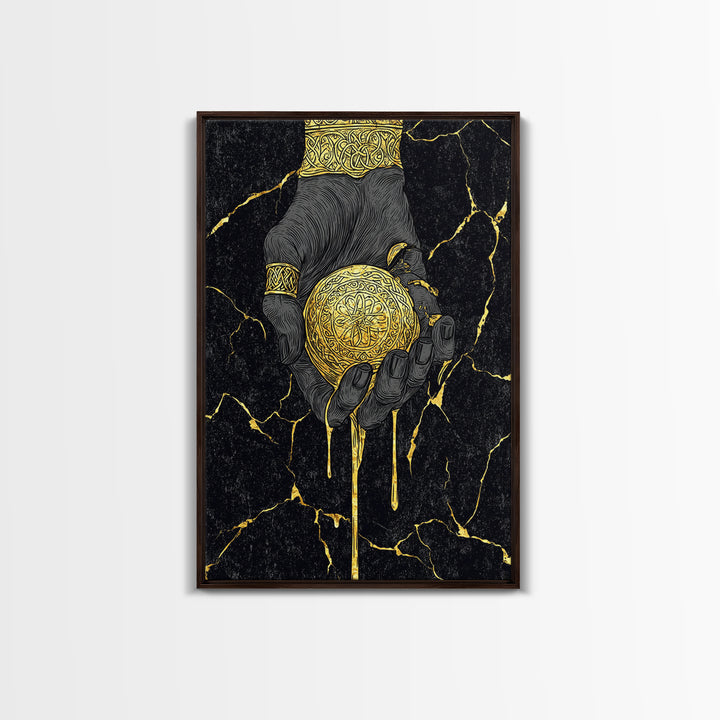 Runic Apple Canvas Gold Art Canvas Art | Viking Mythology Symbol Wall Art | Nordic Norse Decor Dad Gift | Natural Wood Frame