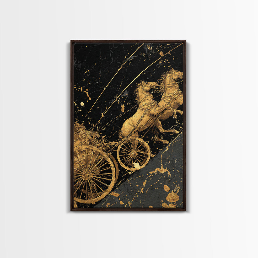 Norse Chariot Canvas Gold Art Canvas Art | Viking Mythology Horse Chariot Wall Decor for Office or Man Cave | Framed in Natural Wood