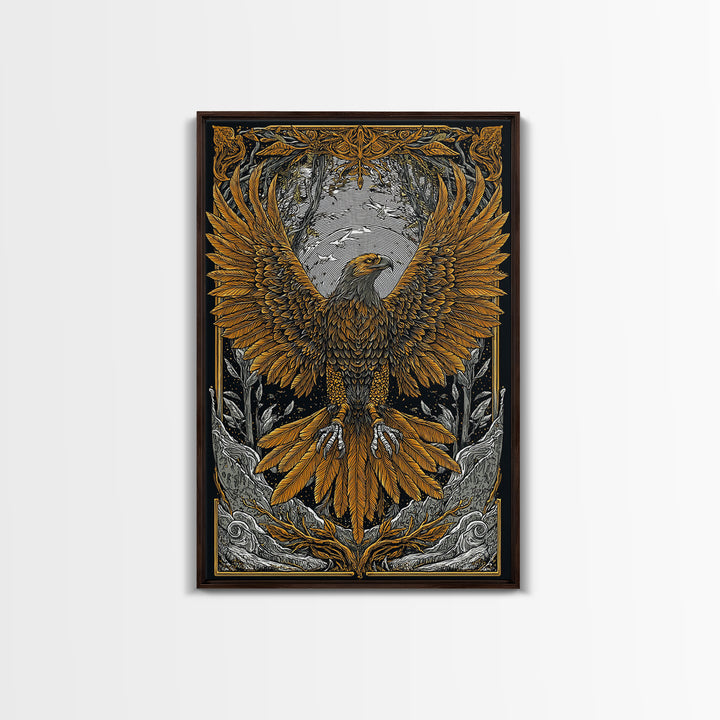 Nordic Eagle Canvas Gold Art Canvas Art Wall Decor for Office or Man Cave, Viking Inspired Artwork in Natural Wood Frame