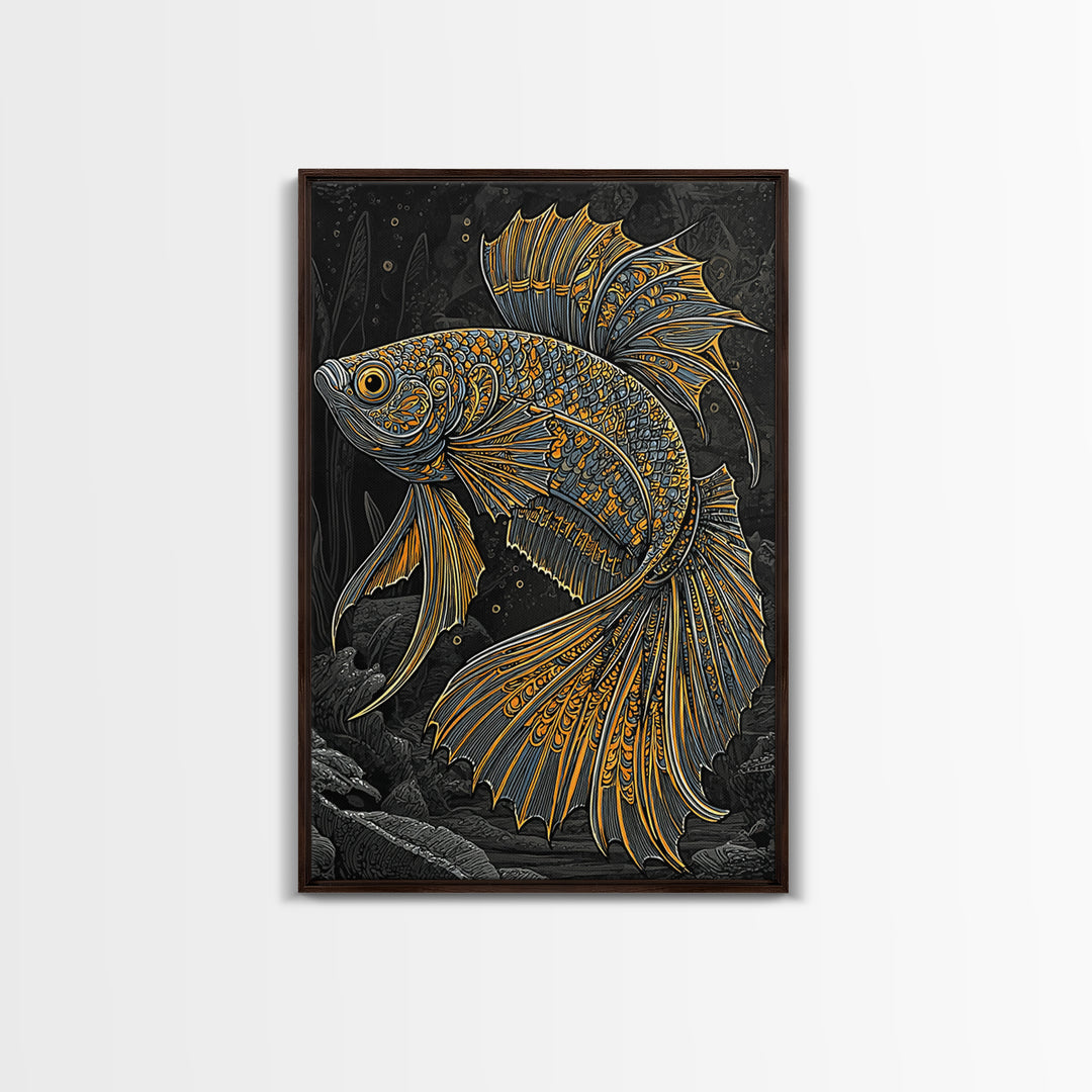 Canvas Gold Art Nordic Fish Canvas Art Wall Hanging, Viking Sea Symbol Decor for Office or Dad Gift, Framed with Real Wood