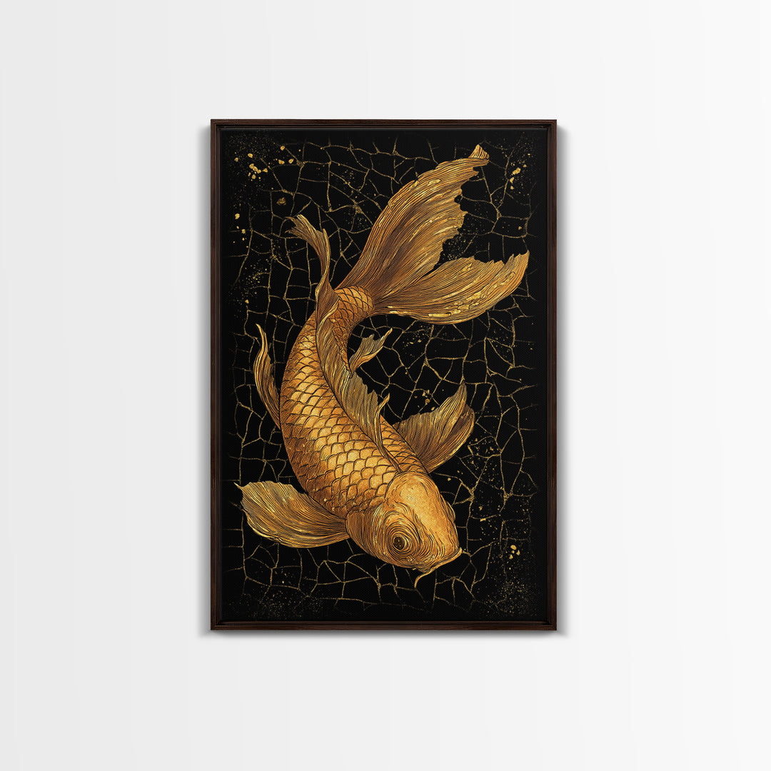 Nordic Mythology Canvas Gold Art Canvas Art Koi Fish Wall Decor, Viking Inspired Gift for Men, Framed in Real Wood