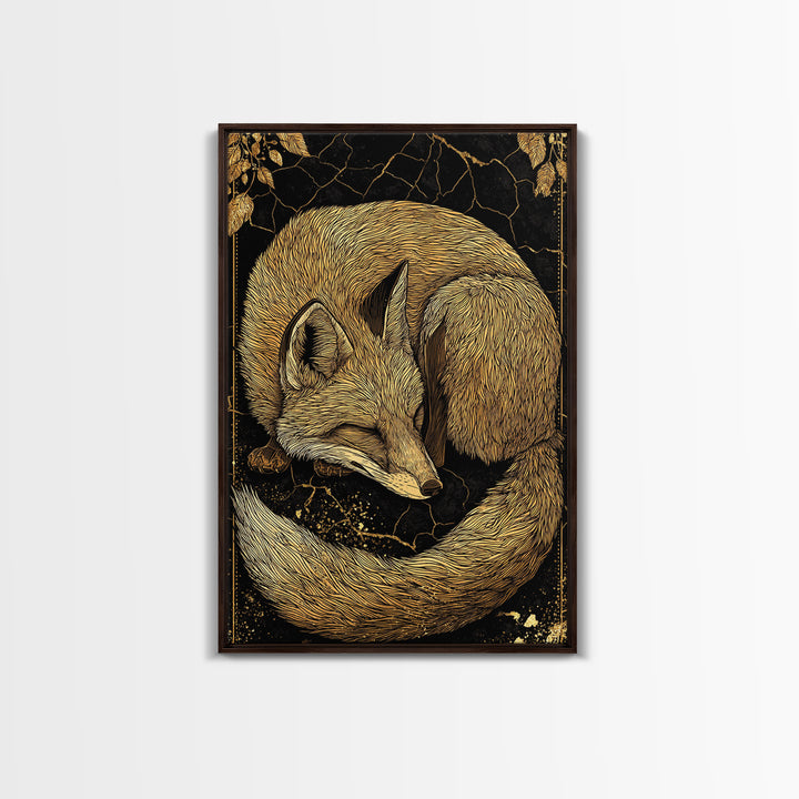 Nordic Sleeping Fox Canvas Gold Art Canvas Art Decor, Viking Myth Inspired Animal Wall Hanging with Natural Wood Frame