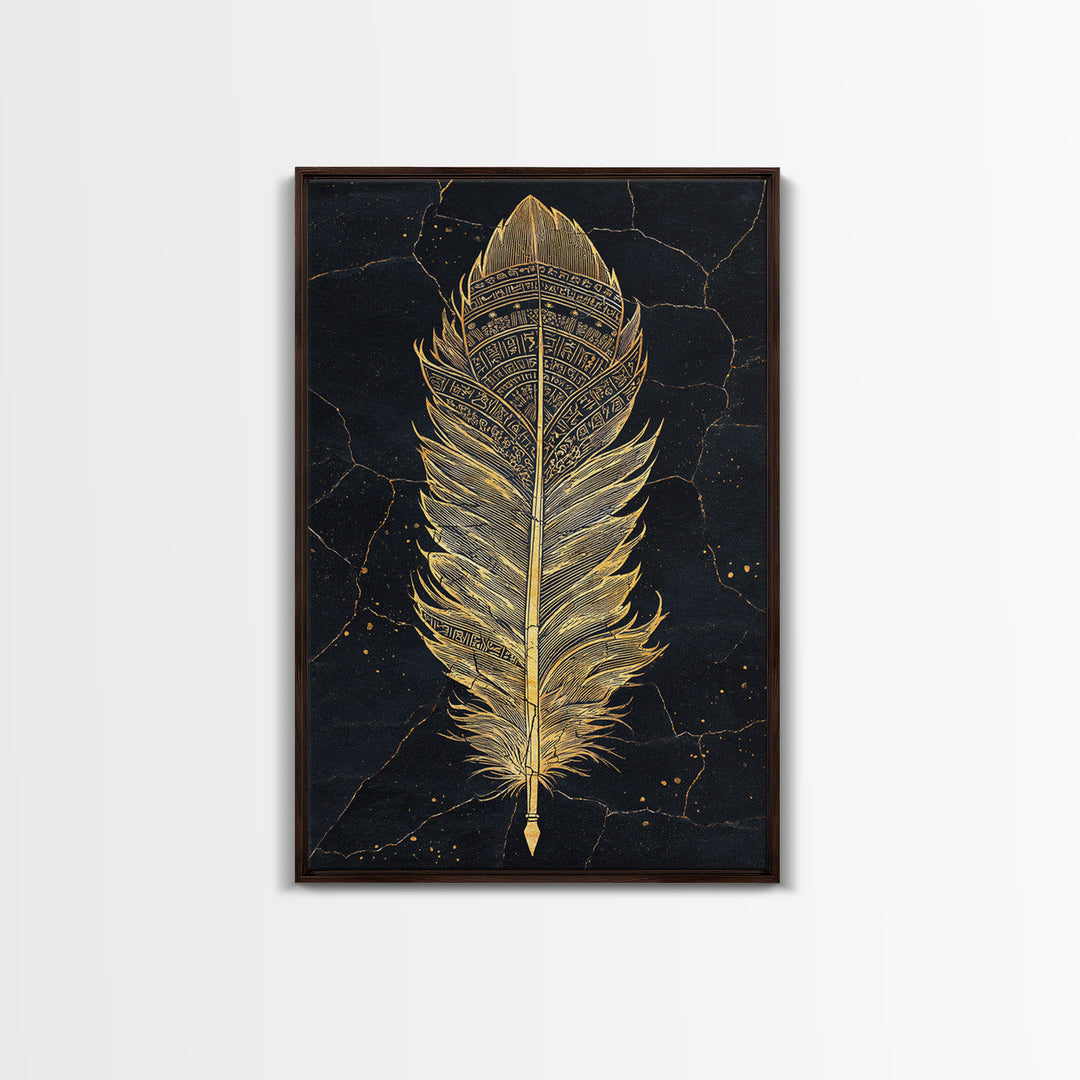 Canvas Gold Art Nordic Feather Canvas Art Wall Decor, Viking Myth Symbol Artwork for Men’s Office or Dad Gift, Real Wood Frame