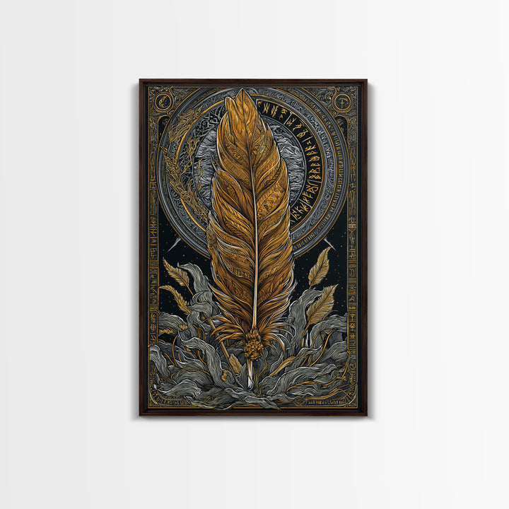 Nordic Mythology Feather Canvas Gold Art Canvas Art Wall Decor, Viking Symbolic Artwork for Man Cave or Office, Natural Wood Frame