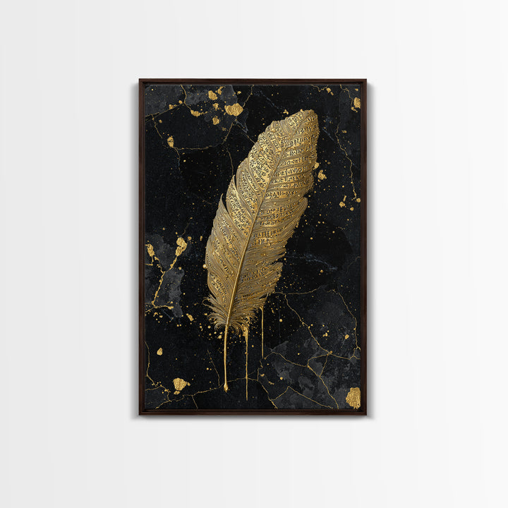 Runic Feather Canvas Gold Art, Nordic Mythology Inspired Canvas Art for Office or Man Cave, Framed in Natural Wood