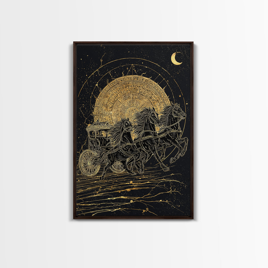 Norse Sun Chariot Canvas Gold Art, Nordic Mythology Horses Canvas Art for Dad Gift or Office Decor, with Real Wood Frame