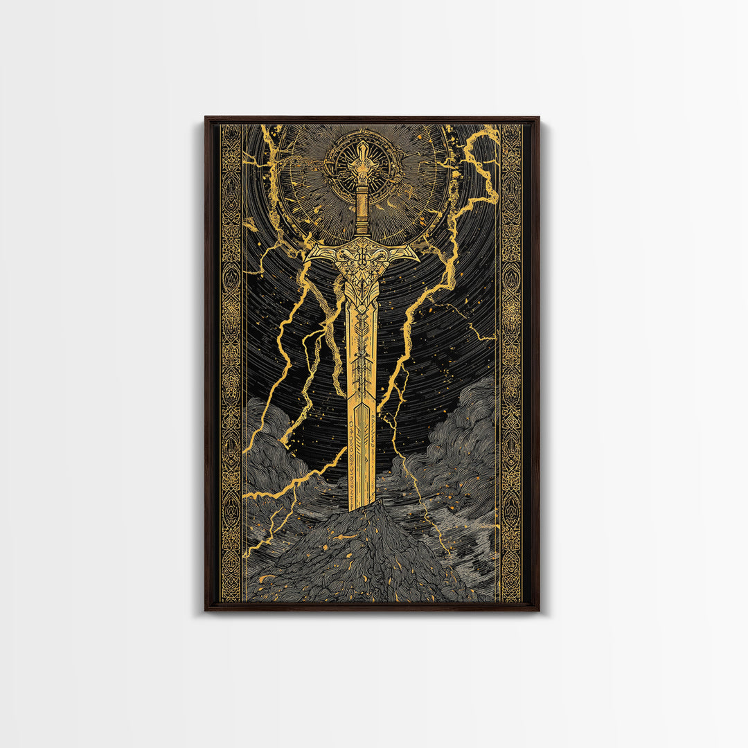 Thor’s Sword Canvas Gold Art, Viking Weapon Nordic Mythology Canvas Art for Man Cave or Office Wall, Real Wood Frame Included