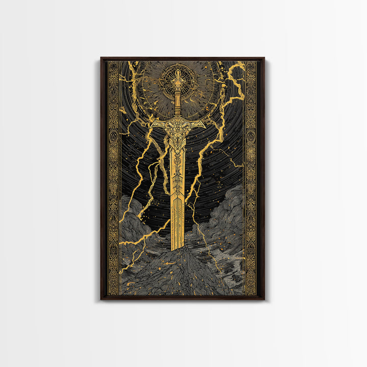 Thor’s Sword Canvas Gold Art, Viking Weapon Nordic Mythology Canvas Art for Man Cave or Office Wall, Real Wood Frame Included