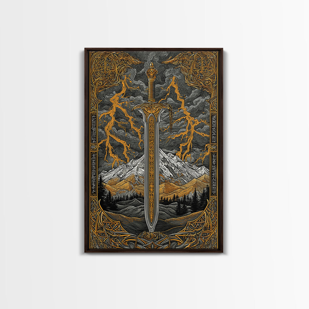 Odin’s Blade Canvas Gold Art, Lightning and Mountain Viking Sword Nordic Canvas Art, Office or Man Cave Decor, Wood Framed