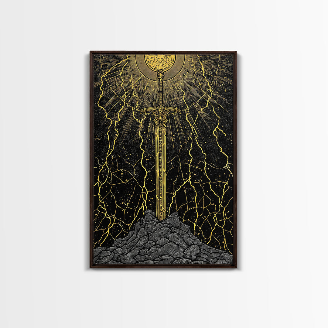 Viking Sword Canvas Gold Art, Norse Mythology Weapon Canvas Art with Lightning, Office Wall or Dad Gift, Framed in Wood