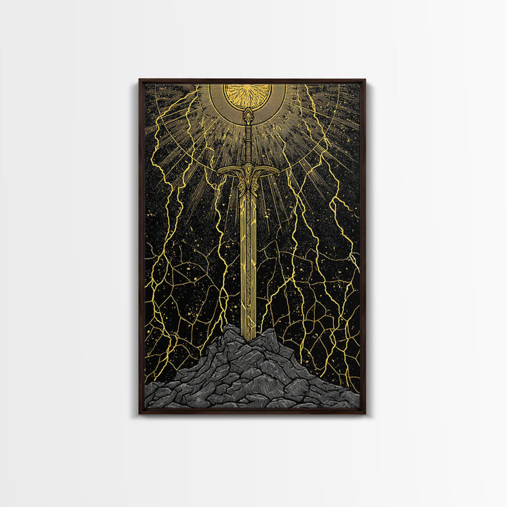 Viking Sword Canvas Gold Art, Norse Mythology Weapon Canvas Art with Lightning, Office Wall or Dad Gift, Framed in Wood