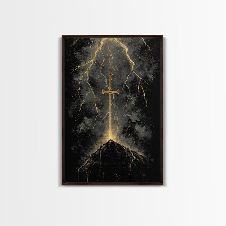 Storm Forged Sword Canvas Gold Art, Nordic Mythology Canvas Art with Lightning Strikes, Man Cave Office Decor, Real Wood Frame