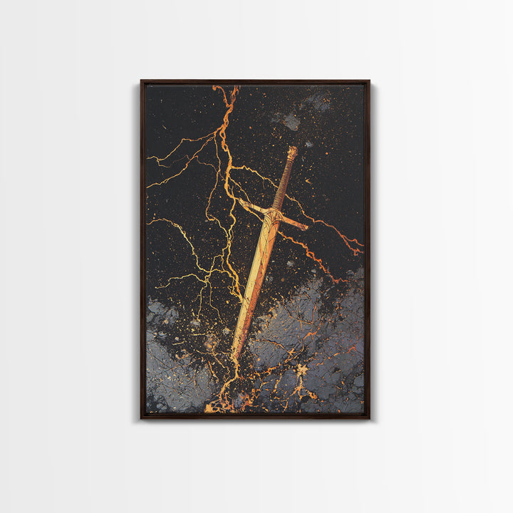Runed Viking Sword Canvas Gold Art, Nordic Mythology Inspired Canvas Art for Office Wall or Man Cave, Natural Wood Frame