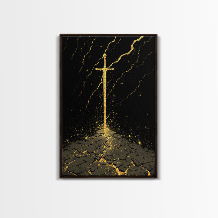 Odin’s Throne Canvas Gold Art, Viking Wolves and Norse Mythology Canvas Art for Man Cave or Office Wall, with Real Wood Frame