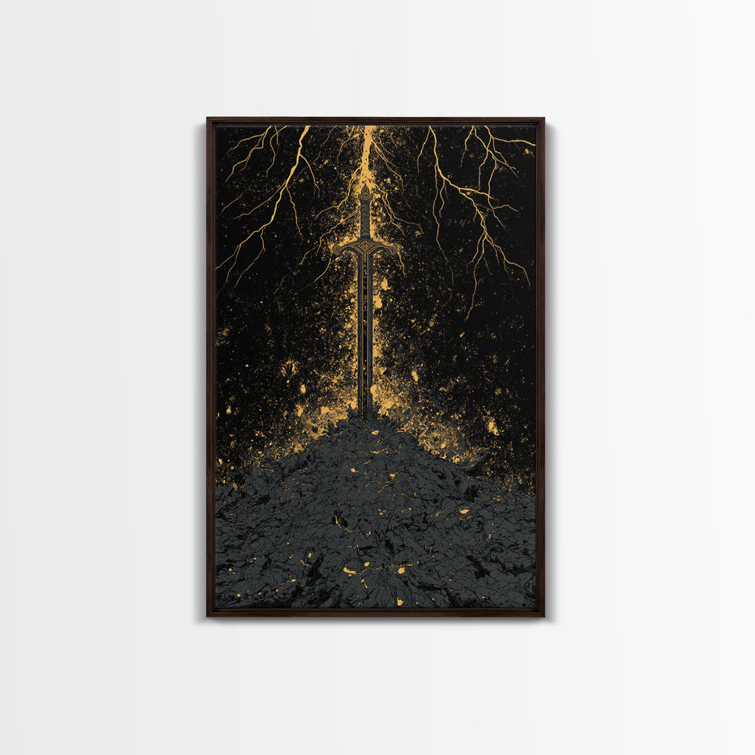 Nordic Throne Canvas Gold Art, Viking Symbolism Canvas Art with Wolves and Carvings, Office or Dad Gift, Framed in Natural Wood