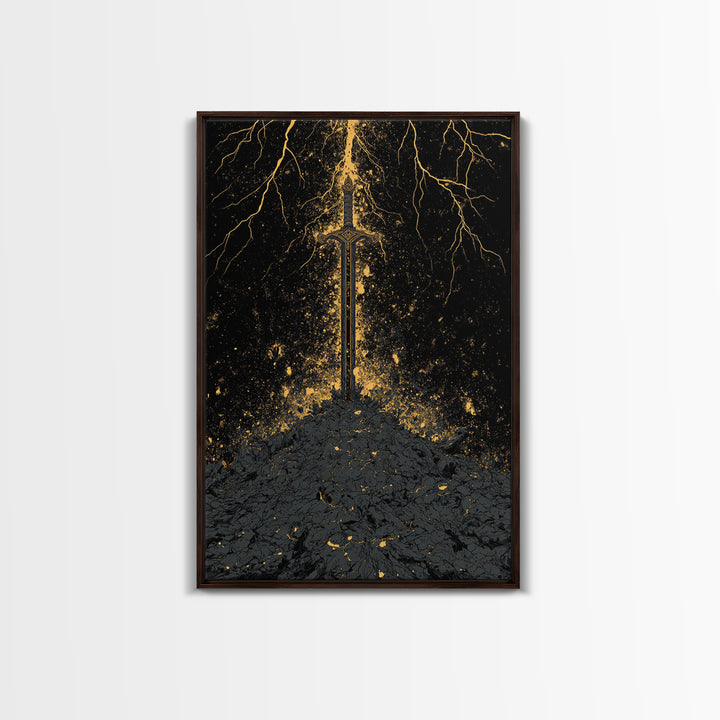 Nordic Throne Canvas Gold Art, Viking Symbolism Canvas Art with Wolves and Carvings, Office or Dad Gift, Framed in Natural Wood