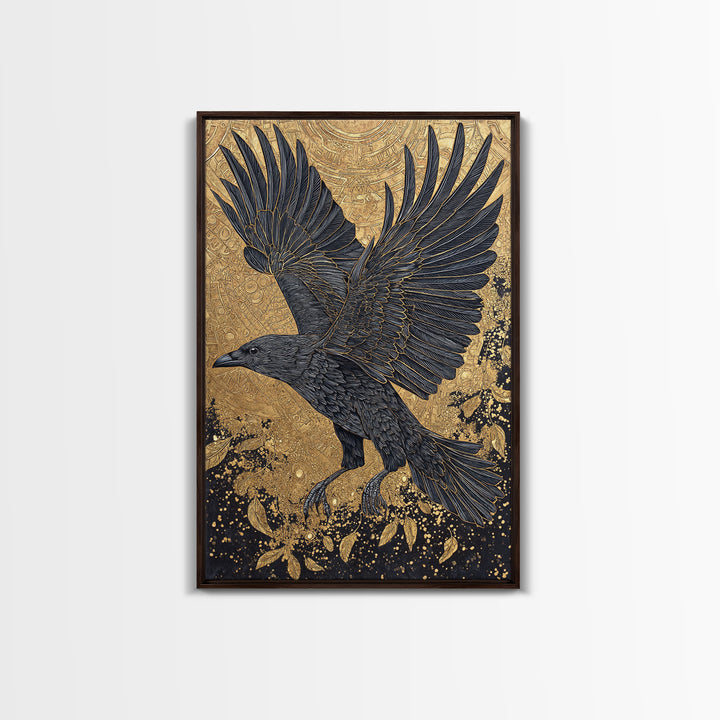 Raven of Odin Canvas Gold Art Canvas Art | Norse Mythology Wall Decor | Viking Symbol Office Art Dad Gift | Natural Wood Frame