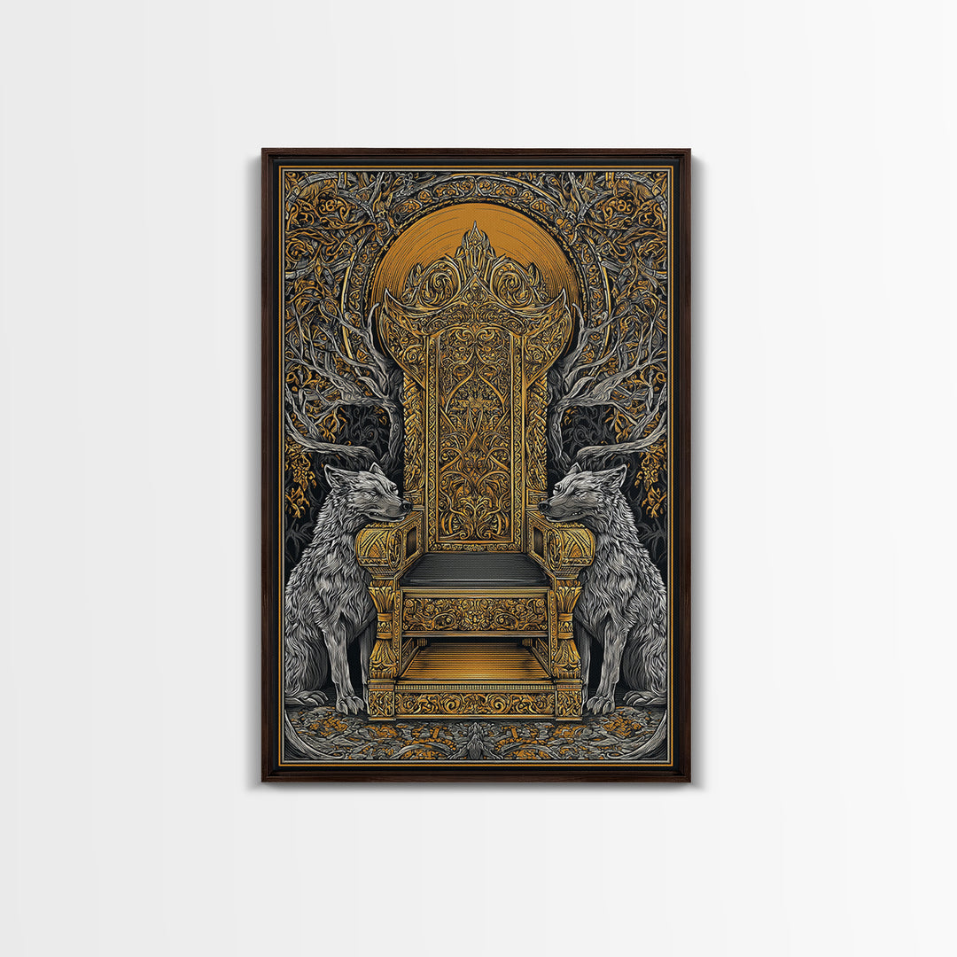 Yggdrasil Throne Canvas Gold Art, Norse Mythology Viking Chair Canvas Art, Office or Man Cave Wall Decor, Real Wood Frame Included