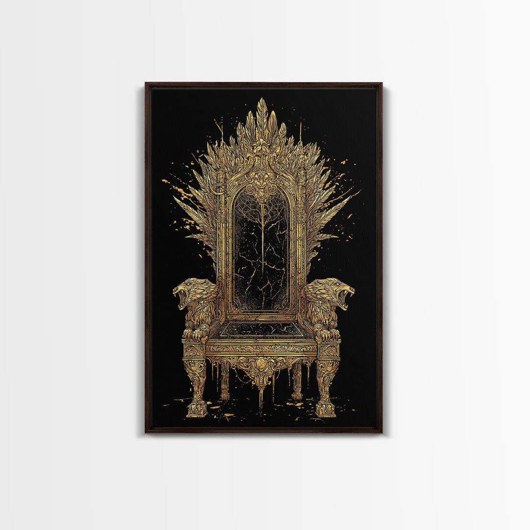 Norse Throne Canvas Gold Art, Viking Canvas Art for Office or Man Cave, Nordic Mythology Wall Decor framed in natural wood