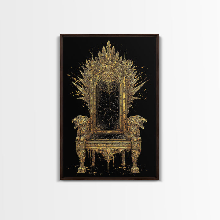 Norse Throne Canvas Gold Art, Viking Canvas Art for Office or Man Cave, Nordic Mythology Wall Decor framed in natural wood