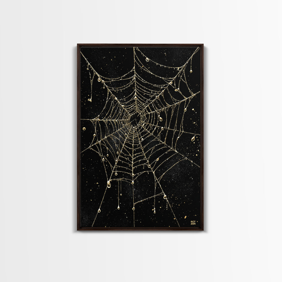 Norse Fate Web Canvas Gold Art, Nordic Canvas Art of Urd’s Threads, Viking Office Wall Decor framed in authentic natural wood