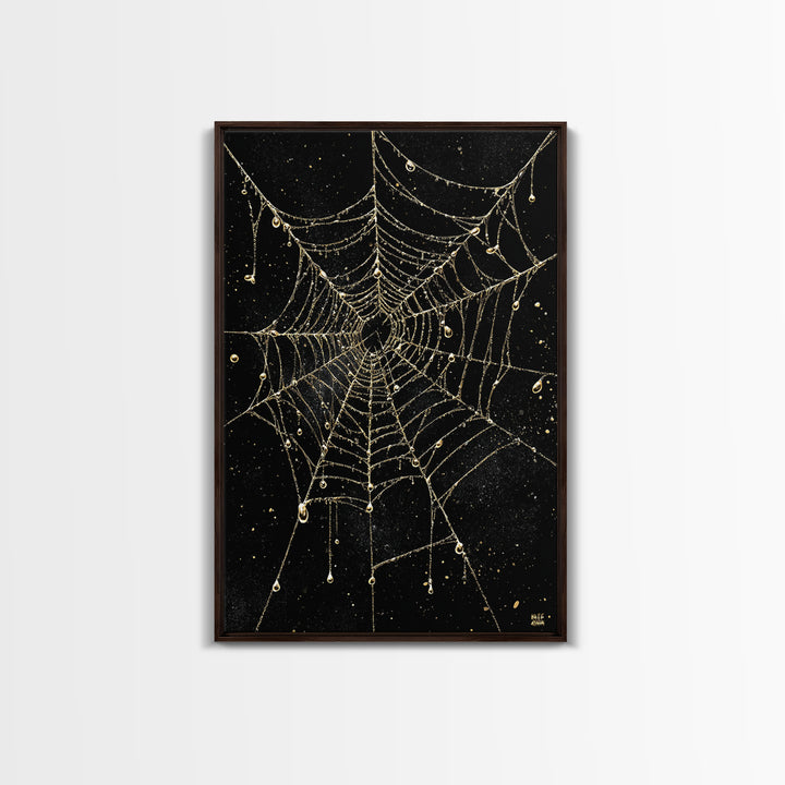 Norse Fate Web Canvas Gold Art, Nordic Canvas Art of Urd’s Threads, Viking Office Wall Decor framed in authentic natural wood