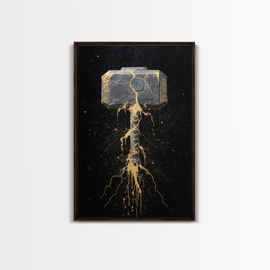 Thor’s Hammer Mjolnir Canvas Gold Art, Norse Canvas Art Wall Decor for Man Cave or Office, Viking Gift framed with real wood