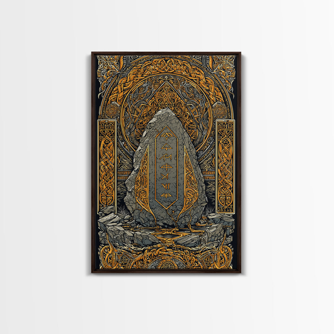 Obelisk Canvas Gold Art, Viking Canvas Art Wall Decor with Norse Runes, Nordic Myth Inspired Office Decor in real wood frame