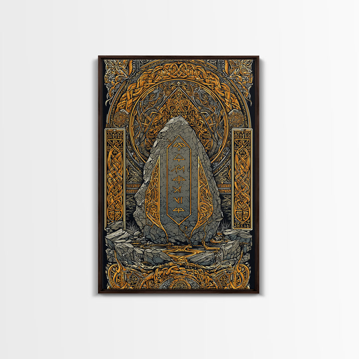 Obelisk Canvas Gold Art, Viking Canvas Art Wall Decor with Norse Runes, Nordic Myth Inspired Office Decor in real wood frame