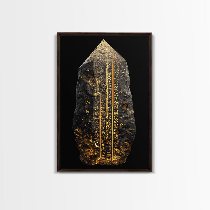 Runestone Canvas Gold Art, Nordic Canvas Art with Ancient Viking Runes, Norse Mythology Wall Decor framed in natural wood