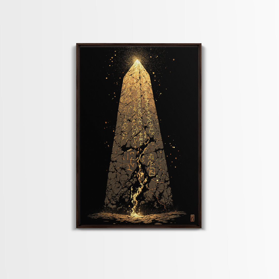 Glowing Obelisk Canvas Gold Art, Viking Canvas Art Wall Decor with Norse Runes, Nordic Myth Inspired Office Decor in real wood frame