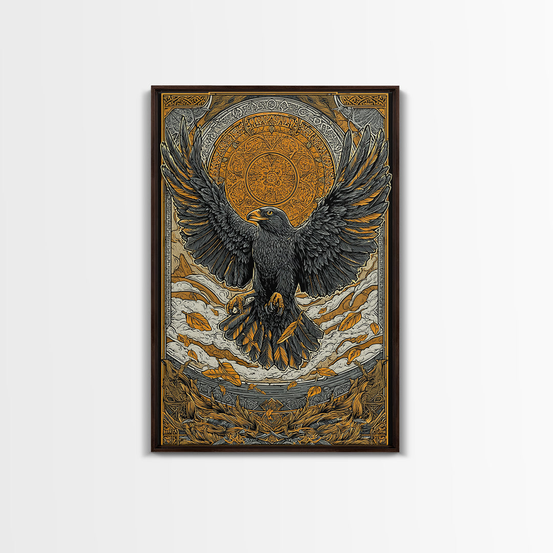 Nordic Eagle Guardian Canvas Gold Art Canvas Art | Viking Wall Decor Norse Mythology Art for Men | Mounted in Real Wood Frame