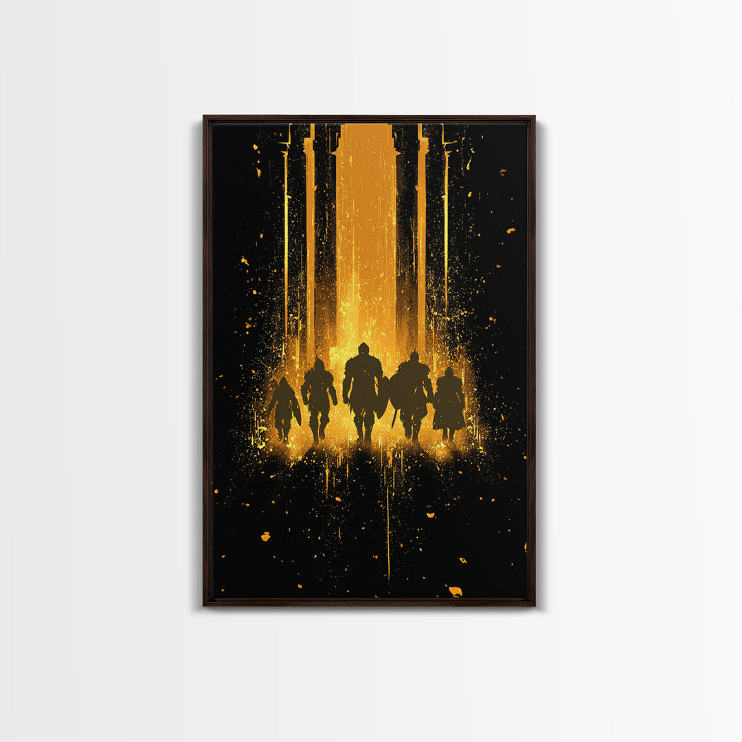 Norse Warriors Canvas Gold Art, Viking Canvas Art Wall Decor with Epic Battle Silhouettes, Man Cave Gift framed in real wood