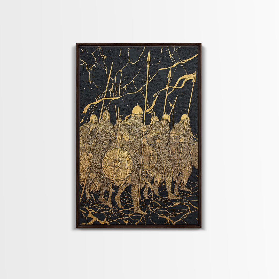 Viking Army March Canvas Gold Art Canvas Art | Norse Warrior Battle Scene Wall Decor for Man Cave or Office | Framed in Real Wood