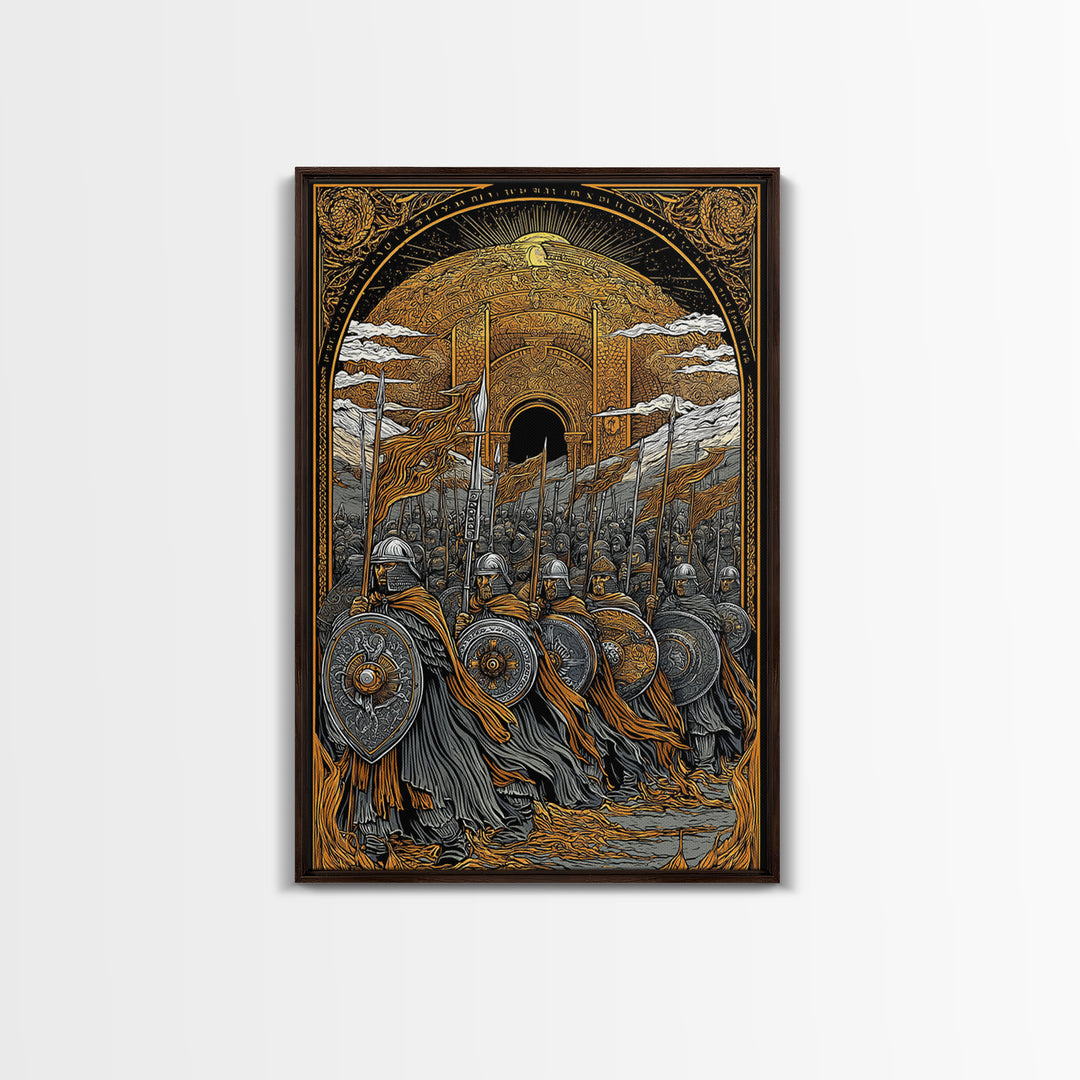 Asgardian Army Canvas Gold Art Canvas Art | Norse Mythology Wall Decor with Viking Soldiers | Office or Dad Gift in Wood Frame