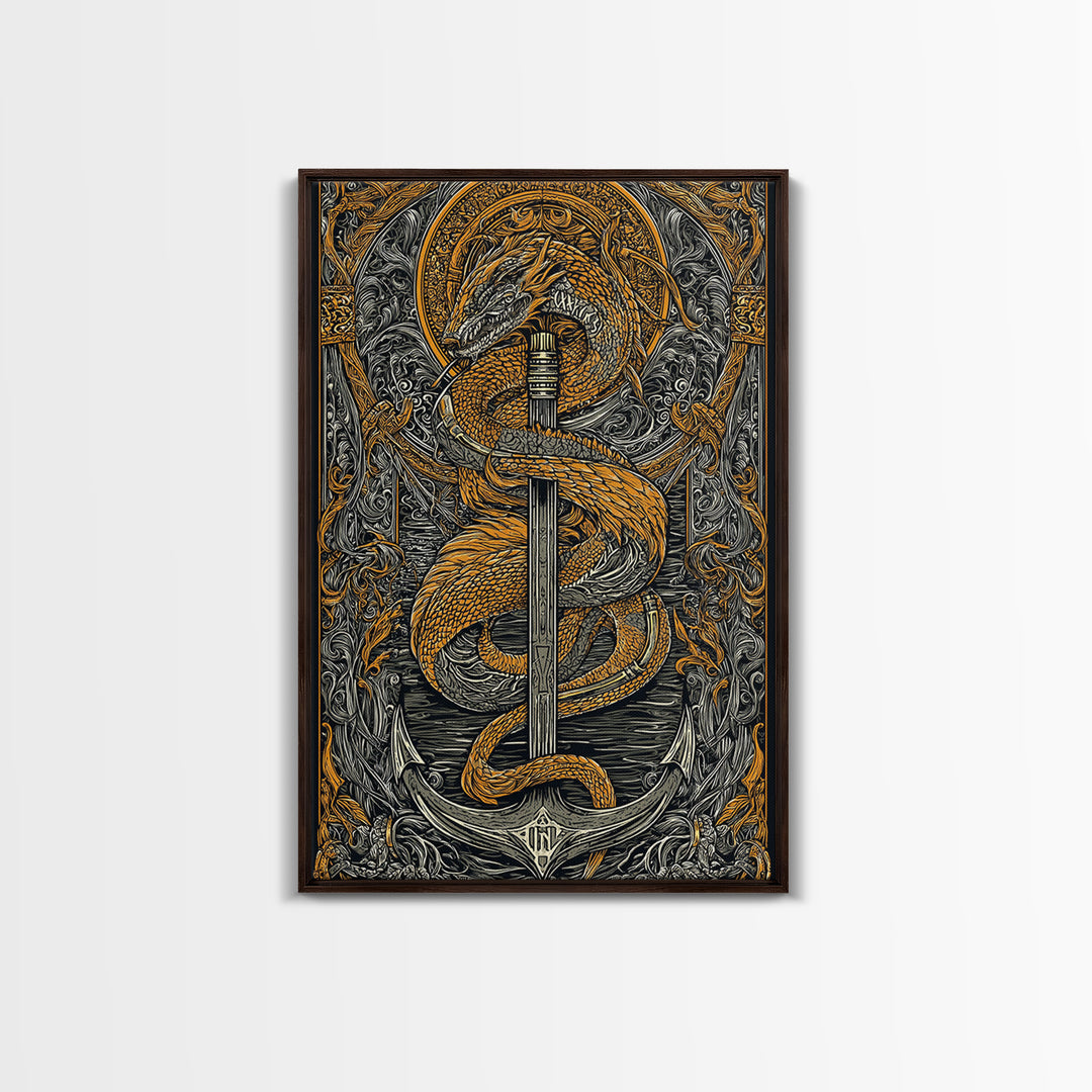Jormungandr Serpent Canvas Gold Art Canvas Art | Norse Sea Dragon Mythology Wall Decor Pagan Symbol | Office Art with Real Wood