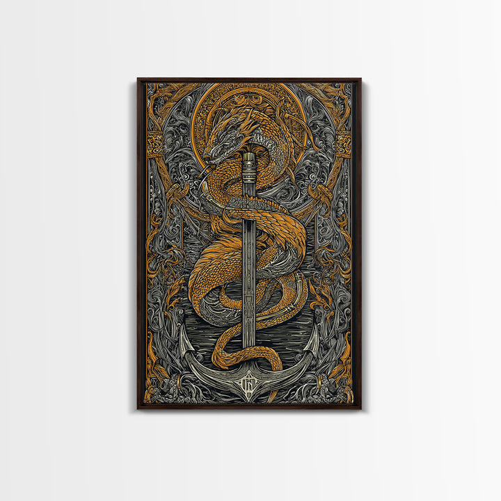 Jormungandr Serpent Canvas Gold Art Canvas Art | Norse Sea Dragon Mythology Wall Decor Pagan Symbol | Office Art with Real Wood