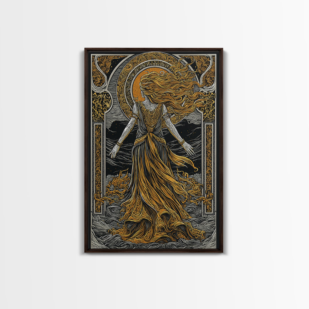 Goddess Freyja Canvas Gold Art Canvas Art | Norse Mythology Divine Feminine Wall Decor | Man Cave or Office Art in Wood Frame