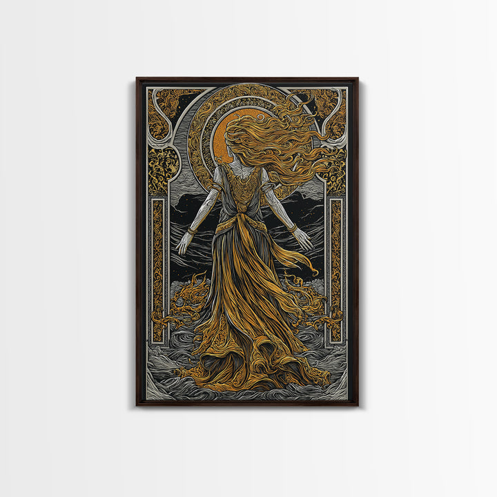 Goddess Freyja Canvas Gold Art Canvas Art | Norse Mythology Divine Feminine Wall Decor | Man Cave or Office Art in Wood Frame