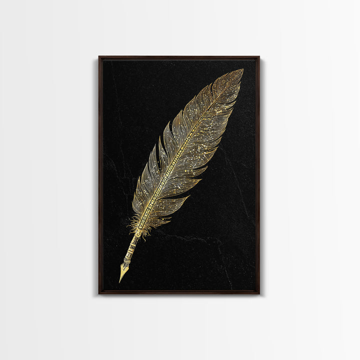 Runic Feather Quill Canvas Gold Art Canvas Art | Viking Mythology Writing Symbol Wall Decor | Office or Study Gift with Wood Frame