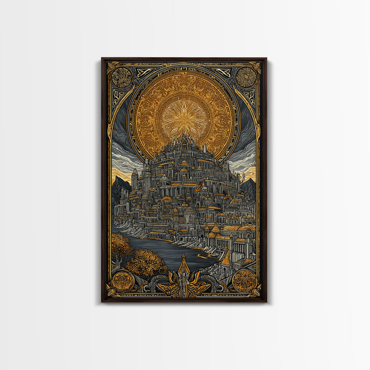 Asgard City Canvas Gold Art Canvas Art | Norse Mythology Viking Wall Decor Office Art | Nordic Fortress Scene in Real Wood Frame