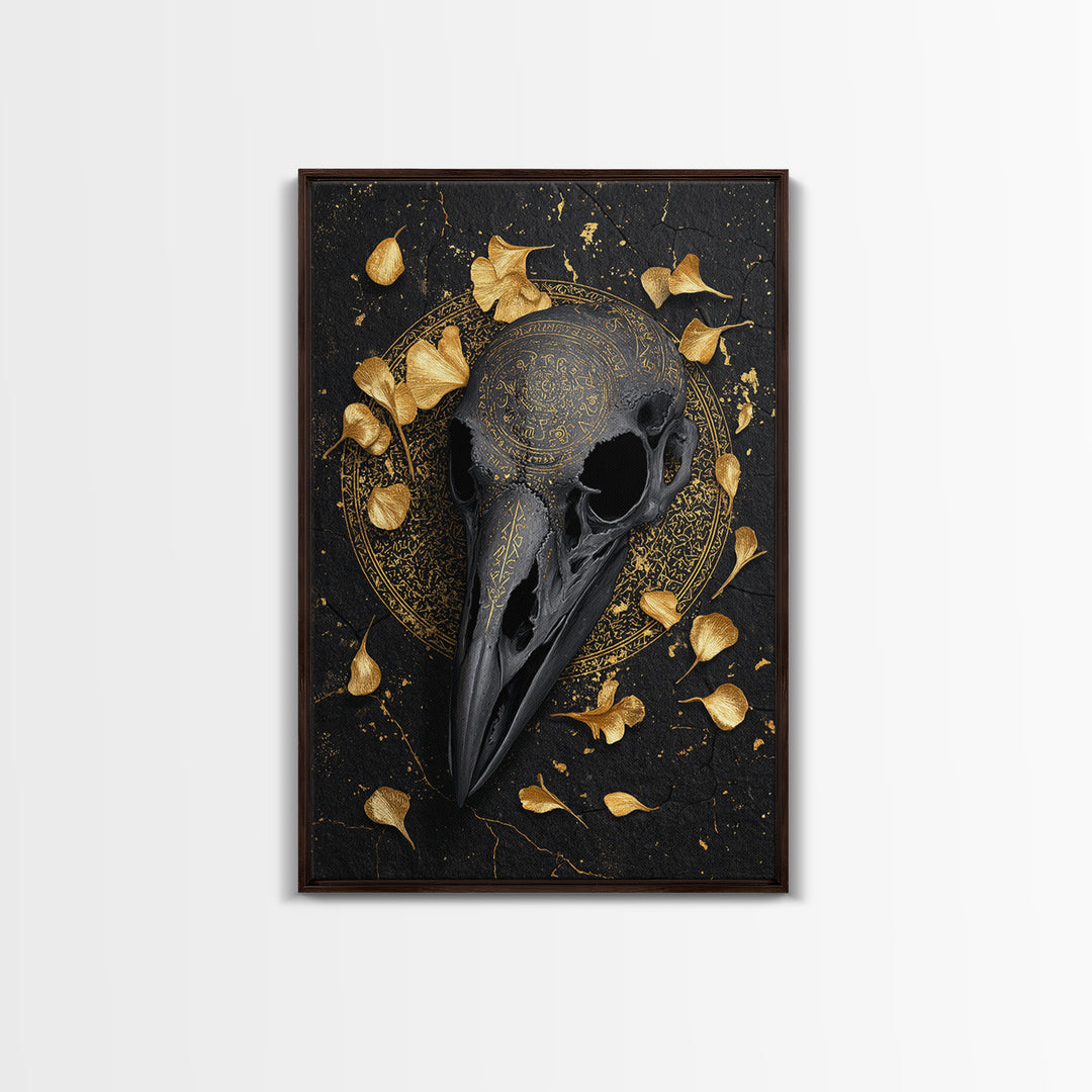 Raven Skull Canvas Gold Art Canvas Art | Odin’s Symbol Norse Mythology Wall Decor | Man Cave or Office Art with Natural Wood Frame