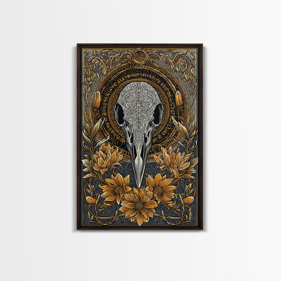 Floral Raven Skull Canvas Gold Art Canvas Art | Norse Mythology Pagan Decor for Office or Man Cave | Viking Symbol in Wood Frame