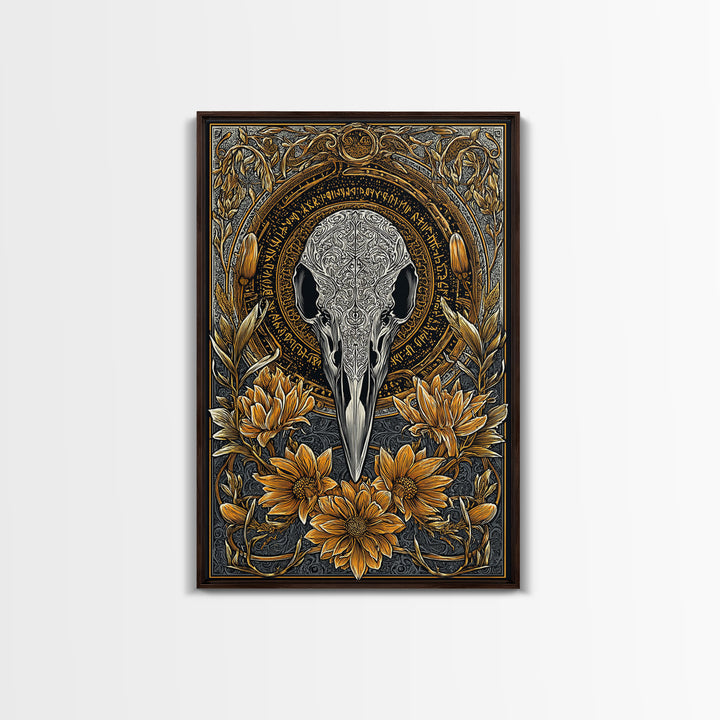 Floral Raven Skull Canvas Gold Art Canvas Art | Norse Mythology Pagan Decor for Office or Man Cave | Viking Symbol in Wood Frame
