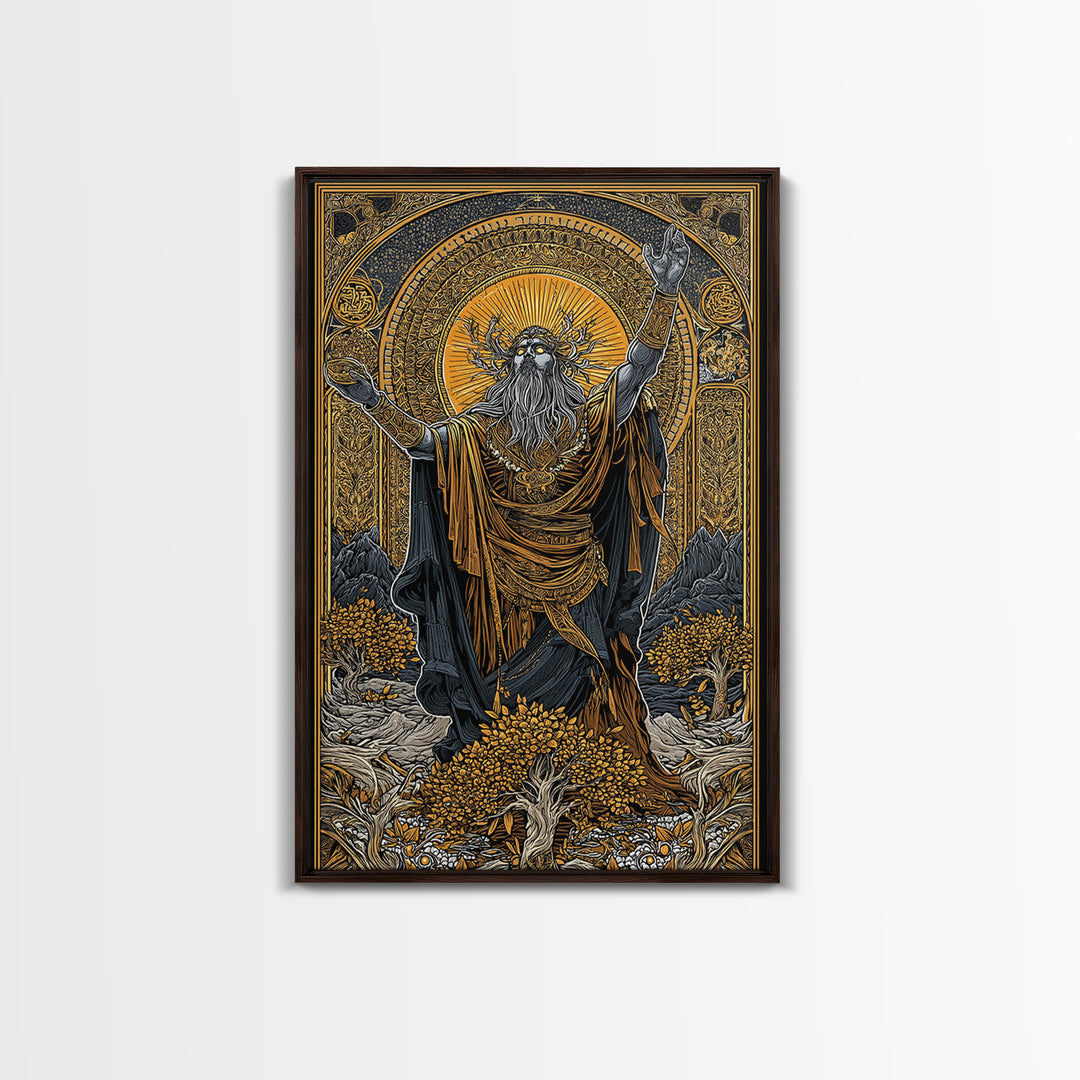 Norse God Canvas Gold Art Canvas Art – Odin Inspired Mythology Wall Decor for Office, Man Cave, or Dad Gift, real wood frame