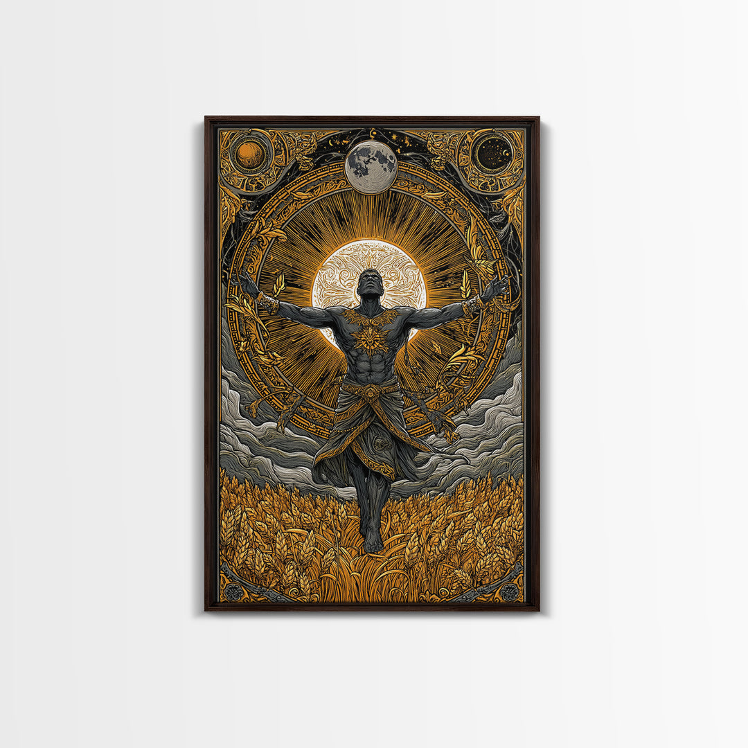 Baldr Nordic Deity Canvas Gold Art Canvas Art – Norse Mythology Sun God Wall Decor for Man Cave, Office, Dad Gift, framed wood