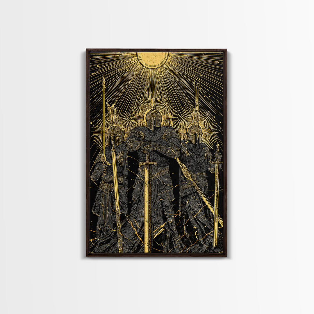 Einherjar Warriors Canvas Gold Art Canvas Art – Norse Afterlife Battle Viking Wall Decor for Dad Gift, Man Cave or Office, wood framed
