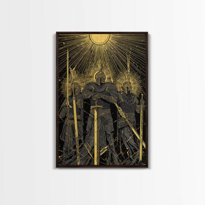 Einherjar Warriors Canvas Gold Art Canvas Art – Norse Afterlife Battle Viking Wall Decor for Dad Gift, Man Cave or Office, wood framed