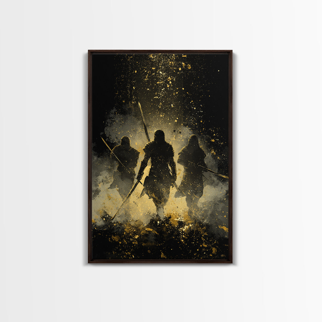 Viking Einherjar Canvas Gold Art Canvas Art – Nordic Mythology Warrior Spirits Wall Decor for Office or Man Cave, real wood frame